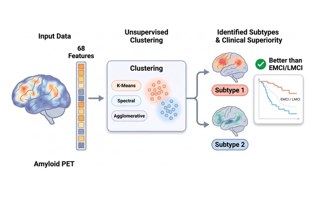 Overview illustration: 68 cortical amyloid PET features clustered into two MCI subtypes that outperform the clinical EMCI/LMCI grouping
