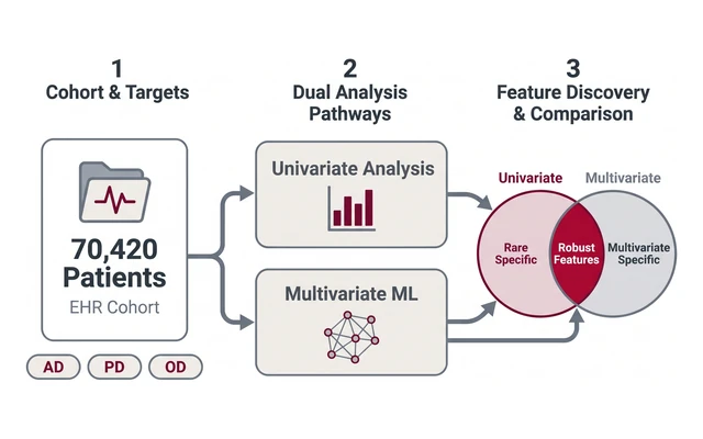 Overview illustration: EHRs of 70,420 patients analyzed with univariate and multivariate methods for AD, PD and other dementias, comparing rare, shared and method-specific features
