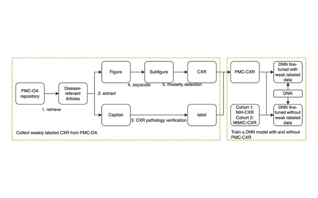 Figure 1 from the paper: pipeline for collecting chest X-rays from PubMed Central