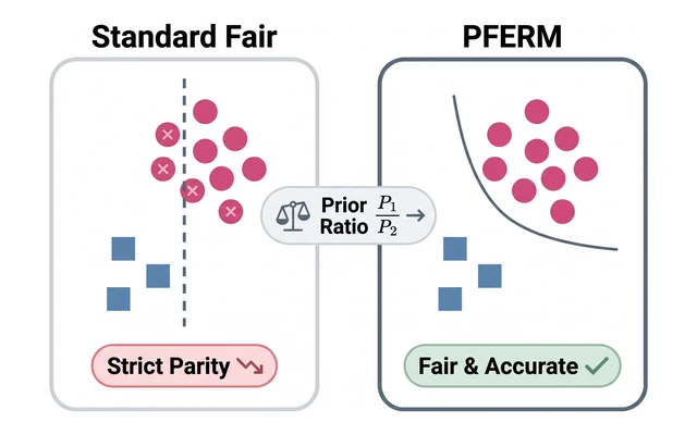 Overview illustration: a strict-parity classifier versus PFERM, whose fairness constraint uses the prior prevalence ratio between groups