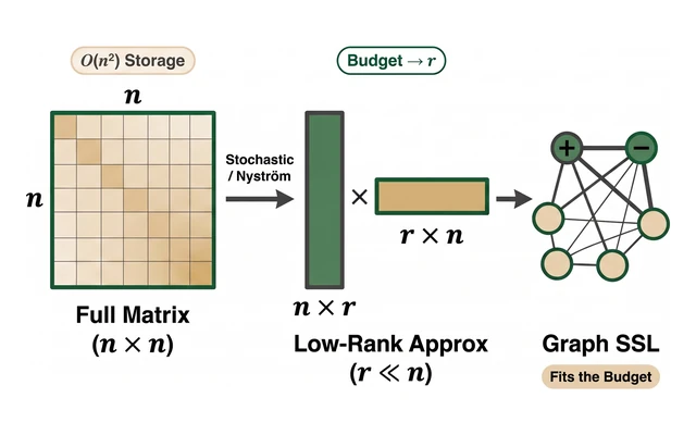 Overview illustration: the n x n similarity matrix is replaced by a low-rank approximation sized to the storage budget and used for graph-based semi-supervised learning